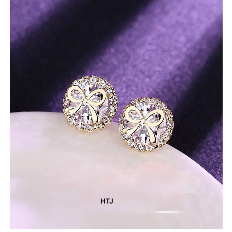 Khuyền tai nữ bạc thật, bông tai nơ đính đá siêu xinh - Kho sỉ bạc Nhất Linh