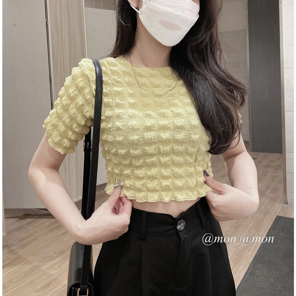 SS0302 Áo croptop xốp Mon Official mềm mại, co giãn nhẹ có 4 màu freesize