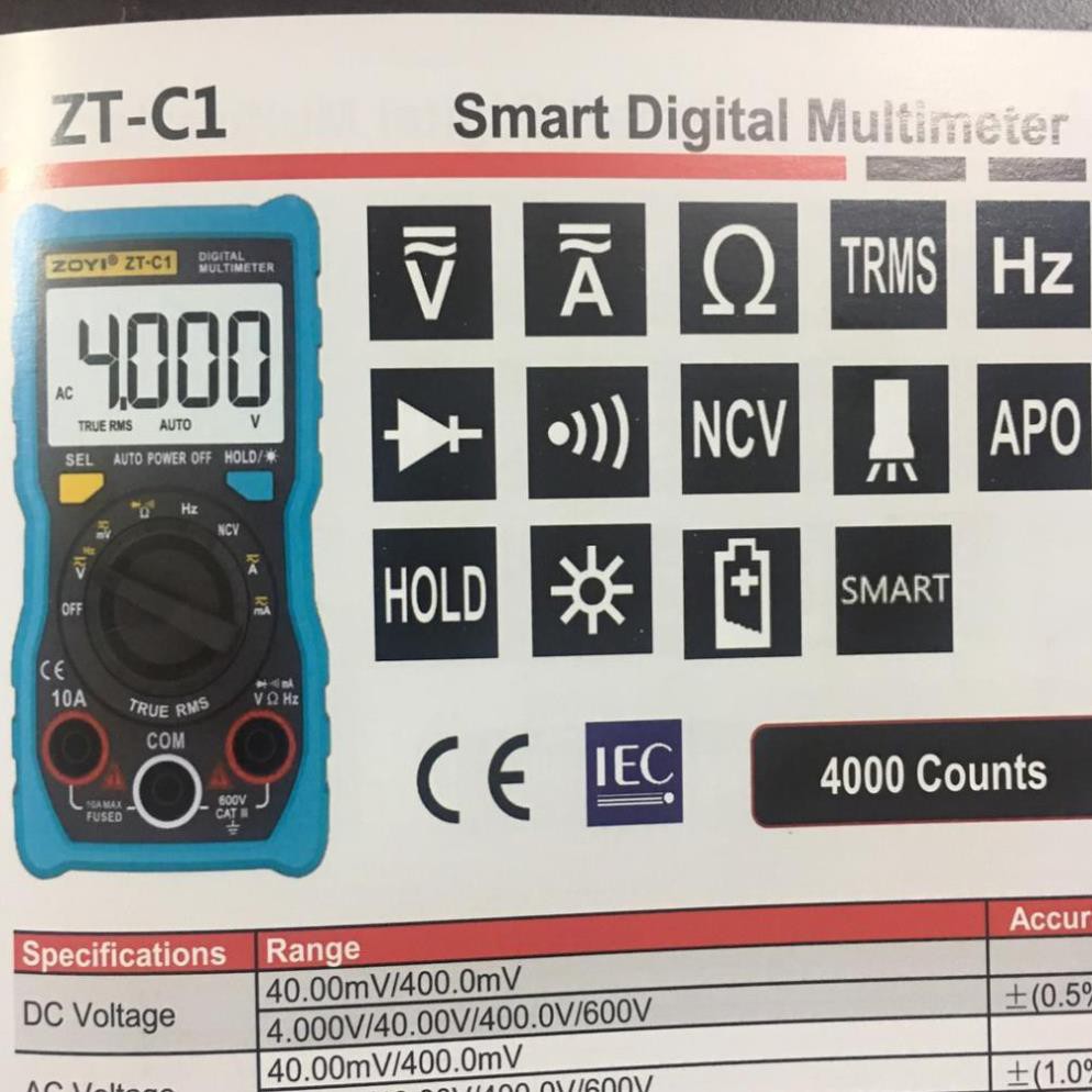 Đồng hồ vạn năng kỹ thuật số Zotek Zoyi Zt-C1 Multimeter bỏ túi đa chức năng đo AC/DC ôm Hz, rò nguồn điện