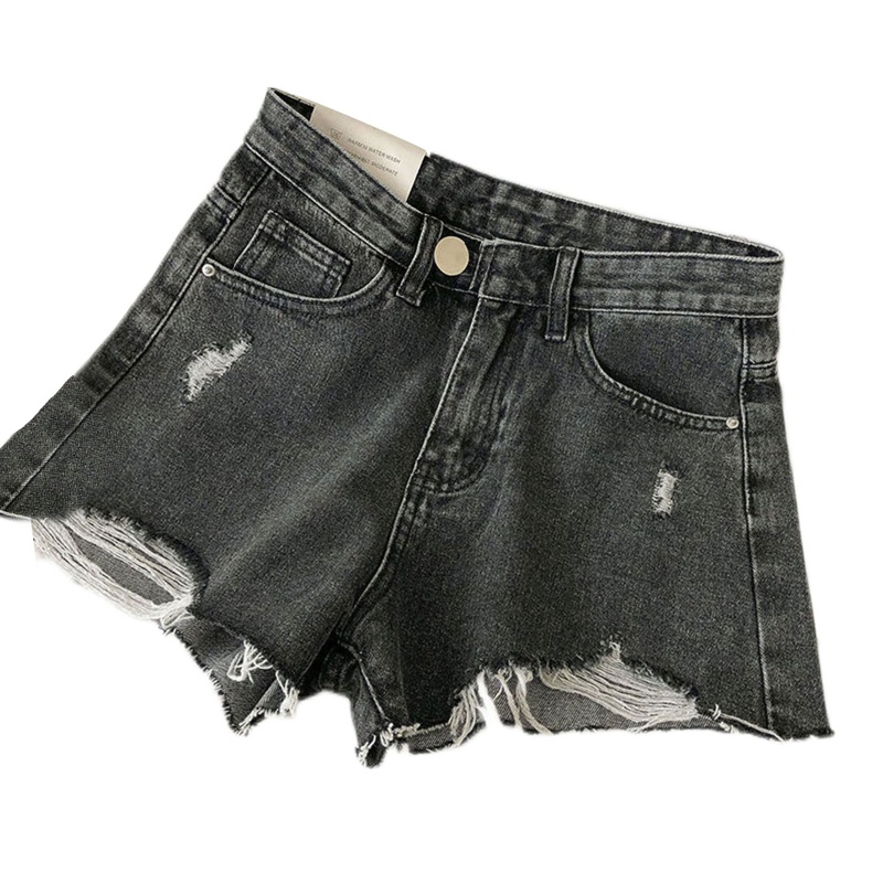 Brroa Quần Short Denim Cạp Cao Ống Rộng Rách Tua Rua Retro Hàn Quốc Cho Nữ Giới