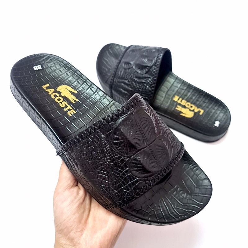 Dép Da Nam Quai Ngang 1 Bản Da Bò Thật In Dập Vân Cá Sấu Sang Trọng