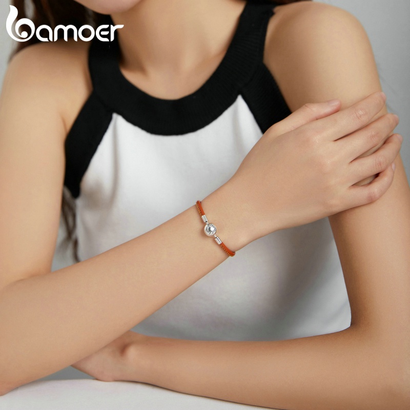 Vòng Tay Da Bamoer SCB215 Có Phụ Kiện Bạc 925 Thời Trang Cho Nữ