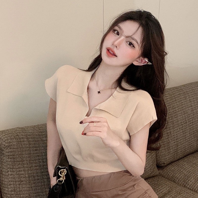 Áo Sơ Mi Croptop Tay Ngắn Dáng Ôm Hở Bụng Cài Nút Thời Trang Chất Lượng Cao Cho Nữ