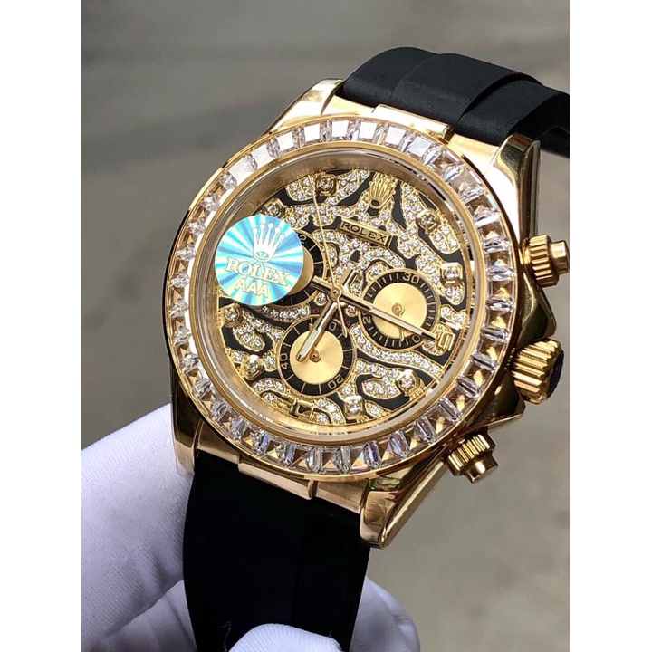 Đồng hồ Nam Rolex dây cao su máy nhật dòng cơ Automatic mặt đá vành đá vỏ vàng size 41mm
