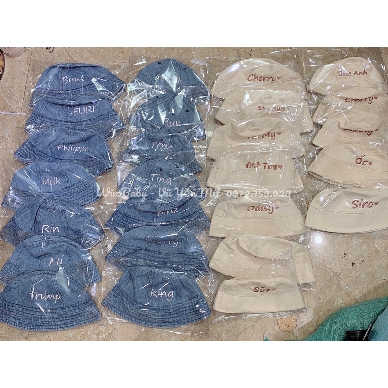 Mũ bucket denim thêu tên cho mẹ và bé