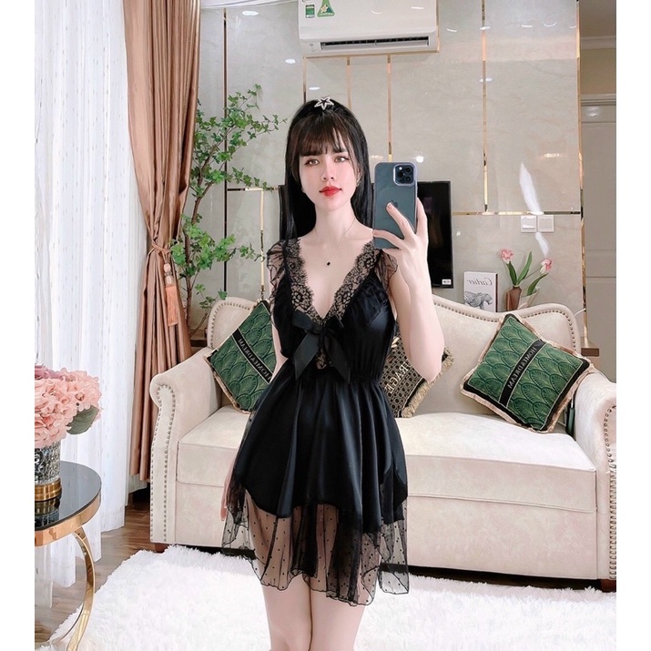 [Cao Cấp] Đầm Ngủ Váy Ngủ Voan Phối Ren Cổ V Gợi Cảm Sexy Quyến Rũ Mainia Shop