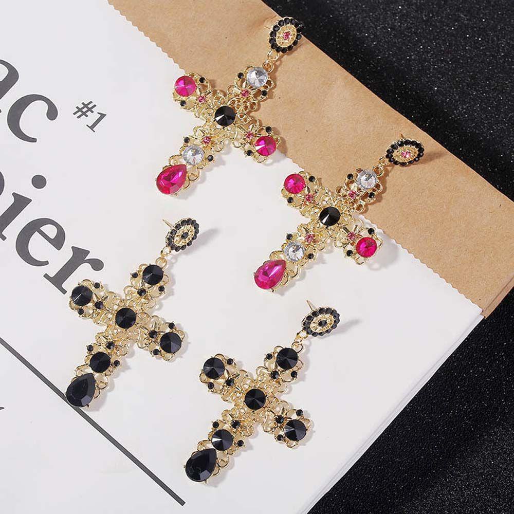 EXPEN Bông Tai Dài Hình Thánh Giá Màu Đen / Hồng Dành Cho Nữ