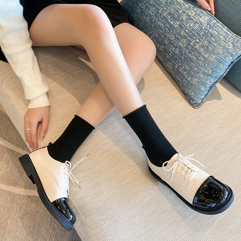 Giày Da Mũi Tròn Đế Dày Cột Dây Phối Màu Phong Cách Anh Quốc Thời Trang Cho Nữ