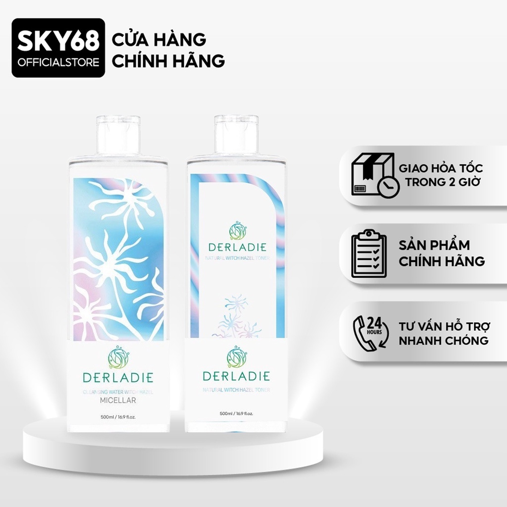 Combo Làm Sạch, Dưỡng Ẩm, Dịu Nhẹ Chiết Xuất Cây Phỉ Derladie (Nước Tấy Trang 500ml + Nước Hoa Hồng 500ml)