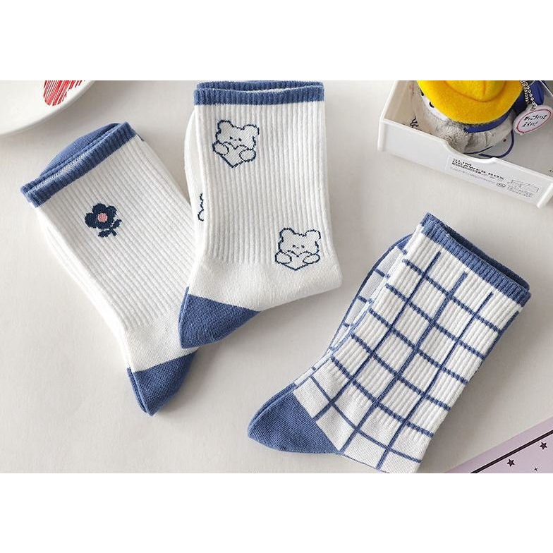 Tất cổ cao Vivuno vớ nữ gấu caro xanh trắng vintage hàn quốc cực đẹp TN132