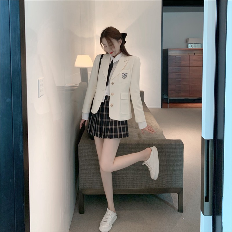 Set váy xếp ly kẻ sọc +Áo vest trơn màu phong cách Hàn Quốc | BigBuy360 - bigbuy360.vn