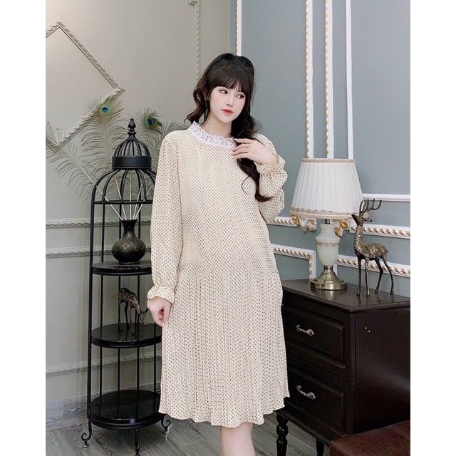 Váy bầu thu đông cao cấpchất Hoa thái dập ly loại 1☘️đầm bầu dài tay thiết kế thu đông sang chảnhfree size 43~68kg