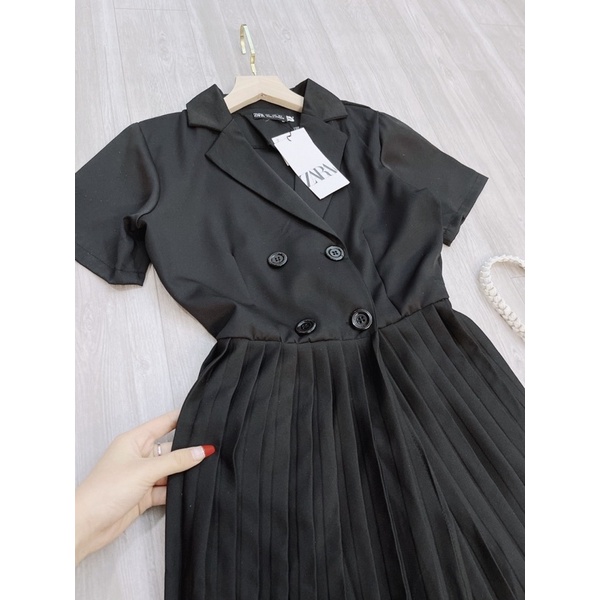 VN592 - VÁY ĐEN DÁNG DÀI CỔ VEST CHÂN DẬP LI