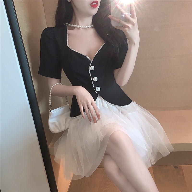 Bộ Áo Ngắn Tay + Chân Váy Lưới Lưng Cao 2 Mảnh Thời Trang Mùa Hè Mới Cho Nữ | BigBuy360 - bigbuy360.vn