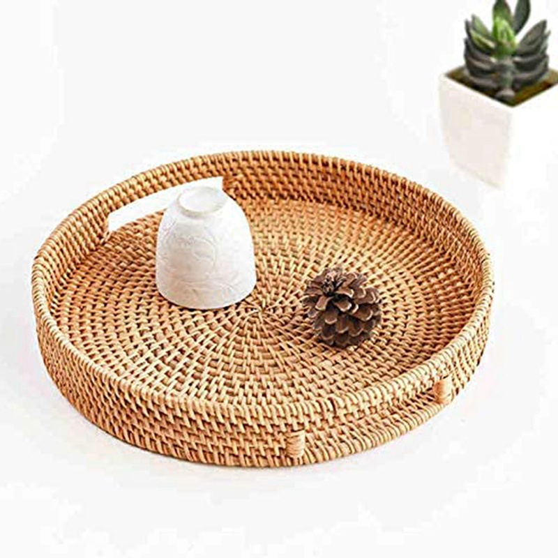 Khay Phục Vụ Cà Phê Hình Tròn Bằng Mây Đan Có Tay Cầm Tiện Dụng