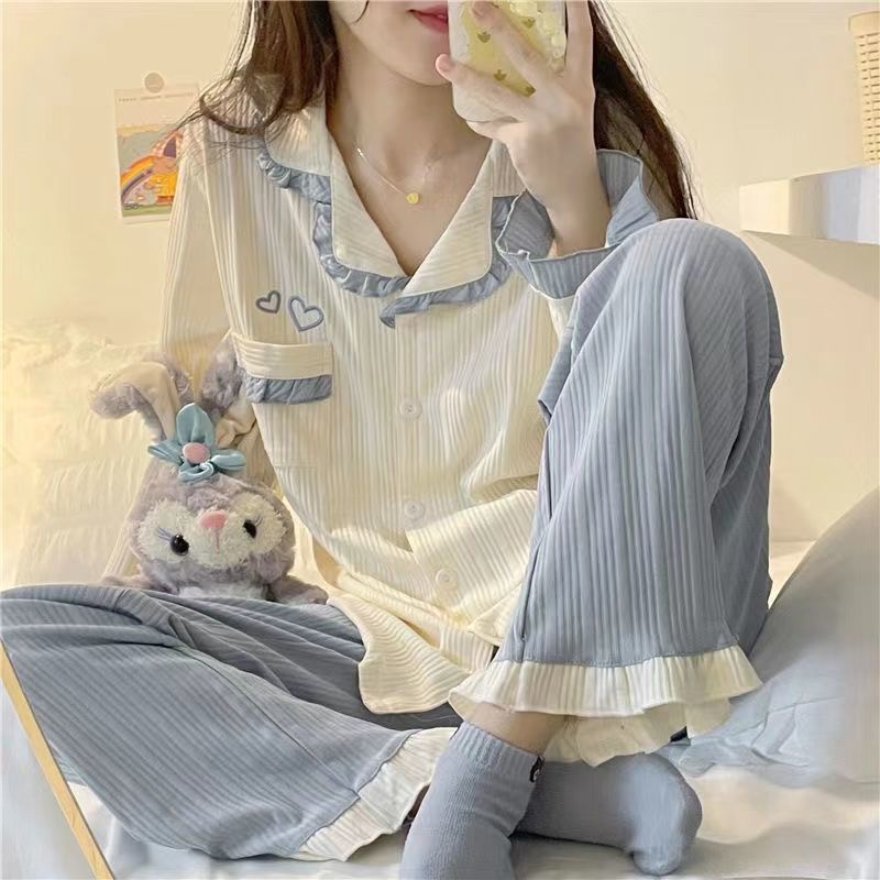 Bộ Đồ Ngủ Tay Dài Cổ Búp Bê In Họa Tiết Trái Tim Dễ Thương Thời Trang Xuân Thu Cho Nữ