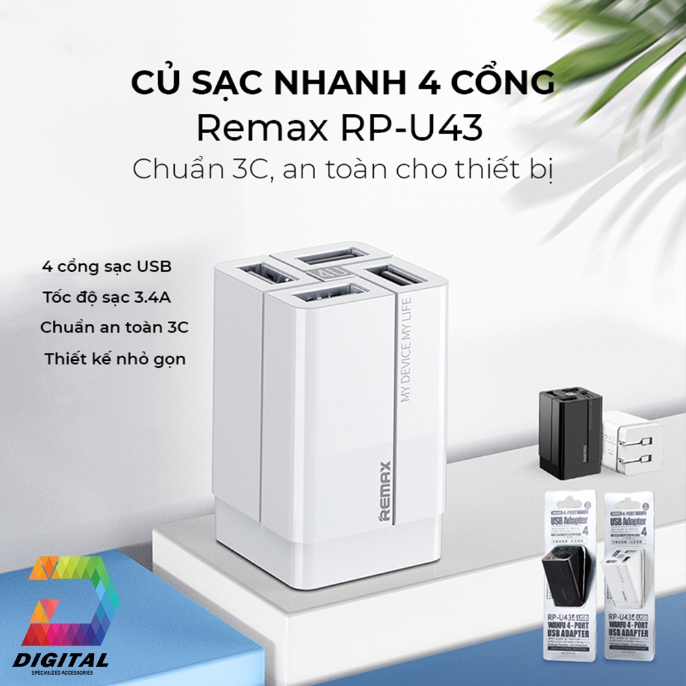 Củ Sạc Đa Năng 4 Cổng Remax RP-U43 3.4A Chính Hãng