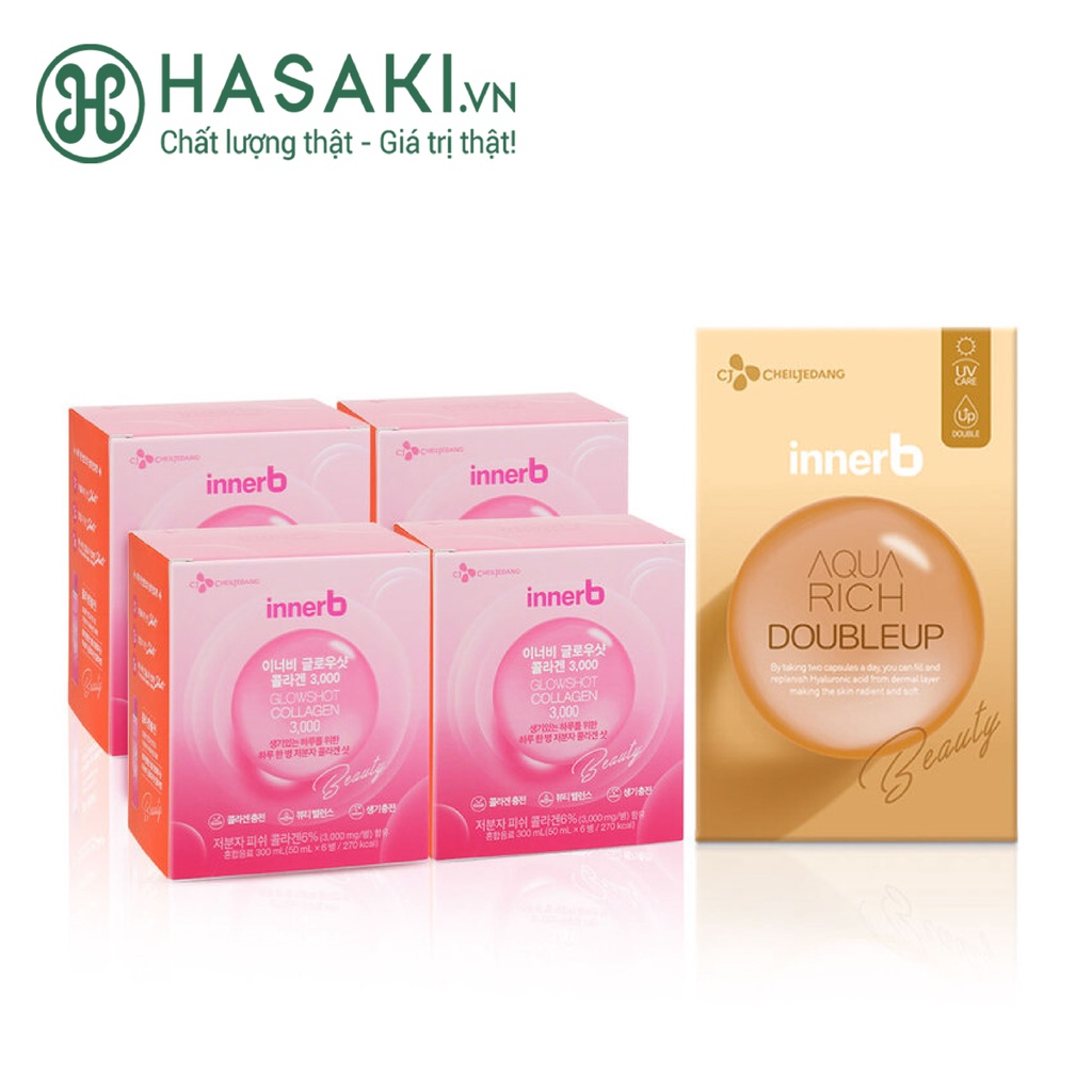 Combo InnerB Giữ Ẩm Da Sáng Mịn (Lọ 56 Viên + 4 Hộp x 6 Chai) Aqua Rich DoubleUp + GlowShot Collagen 3000