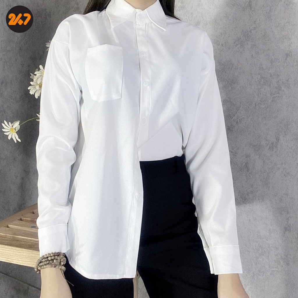 Áo sơ mi trắng dáng rộng tay dài phong cách hàn quốc kèm video ảnh thật