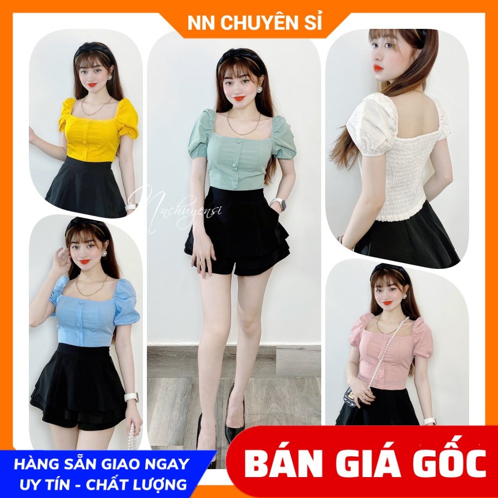 Áo kiểu nữ chất vải mềm mịn phối nút tay búp dễ thương Áo kiểu nhúng sau MT1983