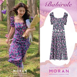 (ORDER) Váy MORAN hoa tím retro dáng dài cổ vuông xẻ tà điệu đà sexy vintage mùa hè Hàn Quốc