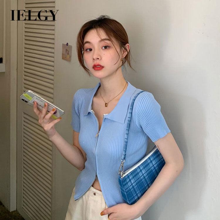 Áo croptop dệt kim IELGY tay ngắn phối khóa kéo kiểu dáng thời trang cho nữ