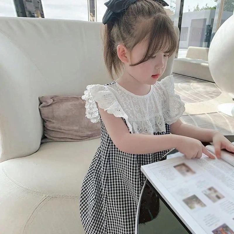 Đầm búp bê sát nách cổ tròn phối ren họa tiết kẻ sọc ngọt ngào cho bé gái