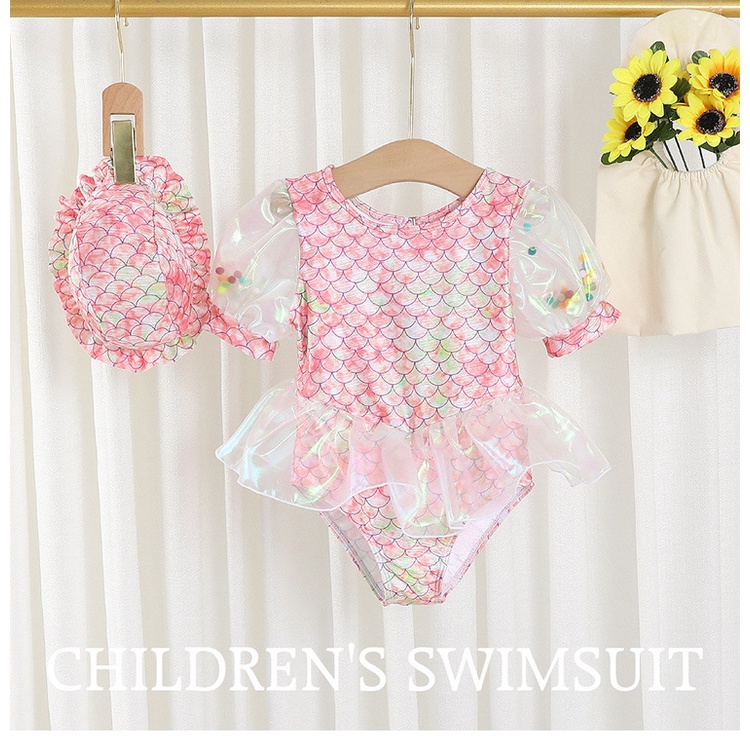 Áo bơi bé gái liền thân nhún ngực nơ cột hai dây ánh xanh tặng kèm nón xinh