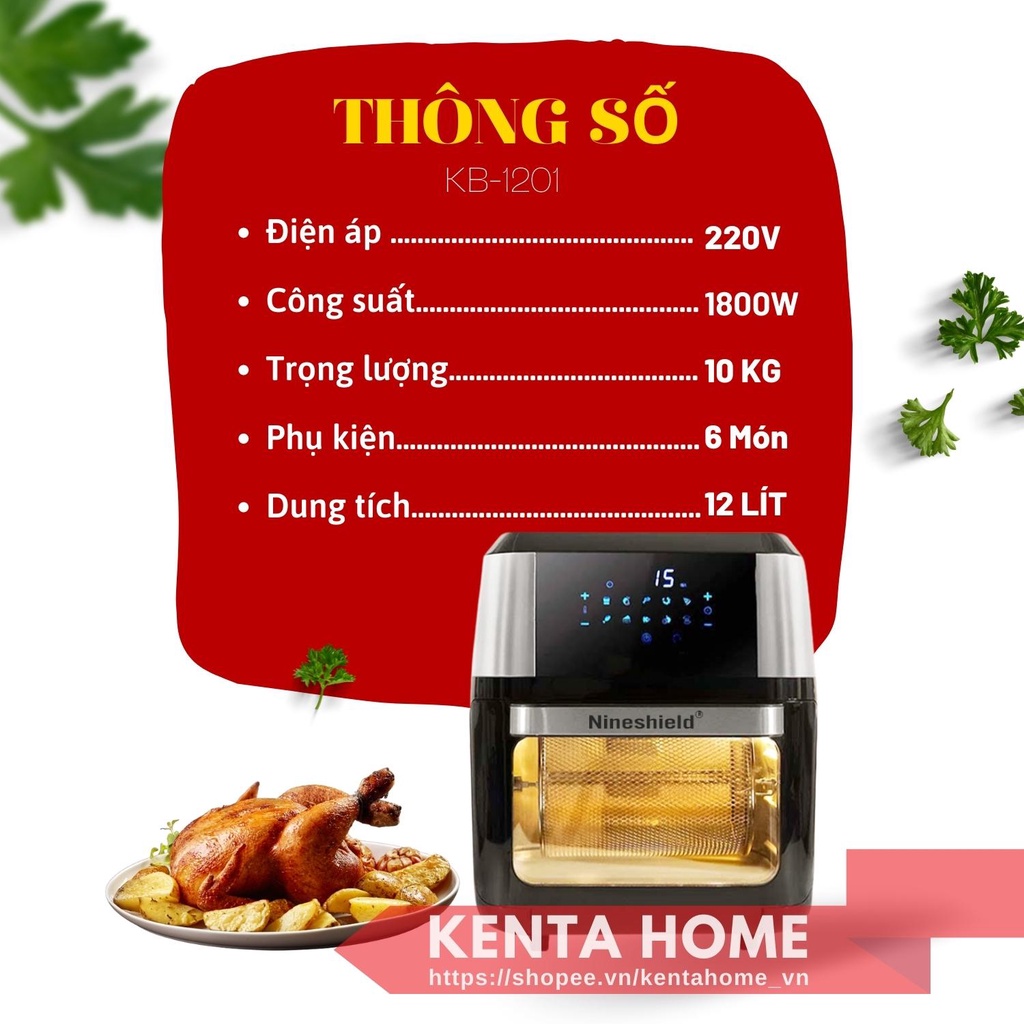 Nồi Chiên Không Dầu NINESHIELD 12L Điện Tử KB - 1201 Thương Hiệu Nhật, Công Suất 1800W, 6 Món Phụ Kiện, Hàng Chính Hãng