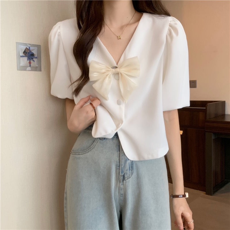 Áo Sơ Mi Ngắn Cổ Chữ v Thắt Nơ Dành Cho Nữ  tao bao