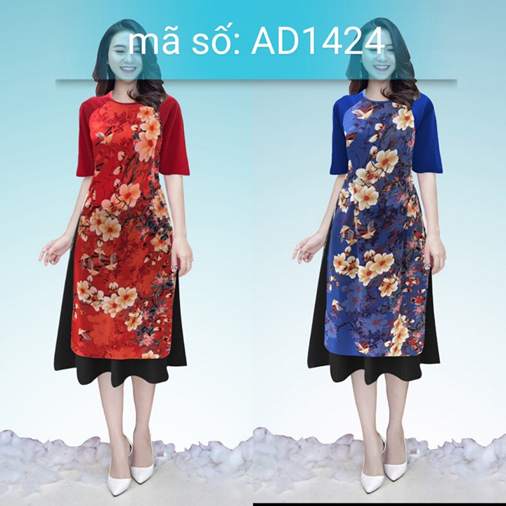 Có size XXL Set Áo Dài Cách Tân cổ tròn họa tiết hoa ngày xuân kèm váy
