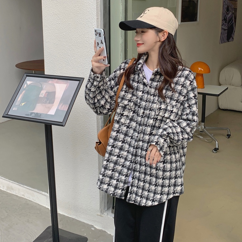 Áo Khoác Tay Dài Dáng Rộng Sọc Ca Rô Thời Trang Vintage Hàn Quốc Cá Tính