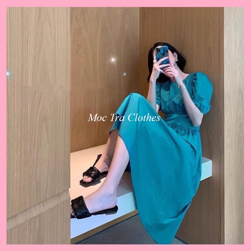 Đầm xanh vintage thô tay bồng dáng xoè nhẹ tiểu thư siêu xinh, Váy kiểu nữ dự tiệc sang trọng bo eo hàng đẹp