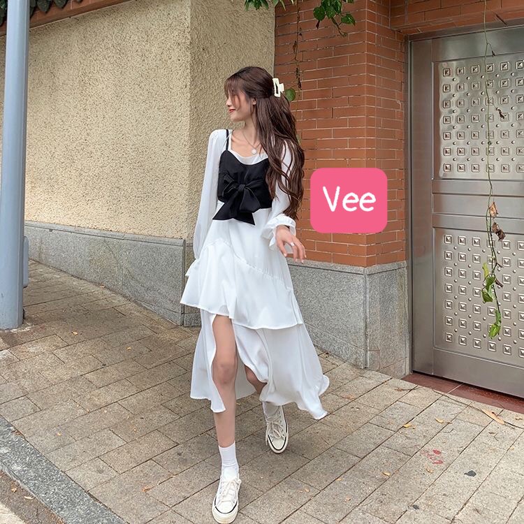 Váy trắng nữ cổ vuông dáng dài phong cách retro lệch tà/ Đầm xòe tiểu thư vinatge thời trang hàn quốc_veestore