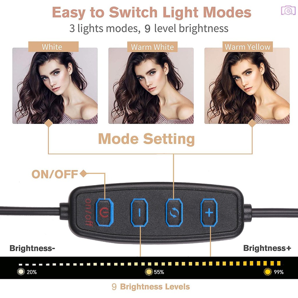 Đèn LED selfie với 3 chế độ phát sáng và 9 cường độ sáng đi kèm giá đỡ điện thoại và mic tiện dụng