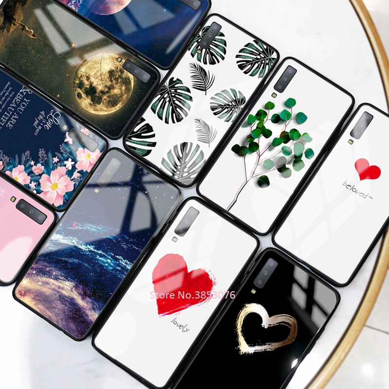 Ốp điện thoại mặt kính cường lực in hình hoa lá trái tim cho Samsung A7 2018 | BigBuy360 - bigbuy360.vn
