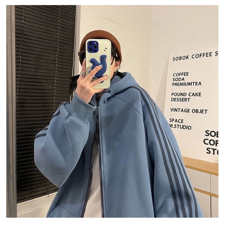 Áo khoác hoodie zip kẻ sọc form rộng mũ 2 lớp