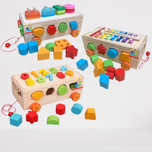 Đồ Chơi Gỗ Cho Bé Đồ Chơi Xe Cũi Thả Hình Khối Kèm Đàn Dành Cho Bé