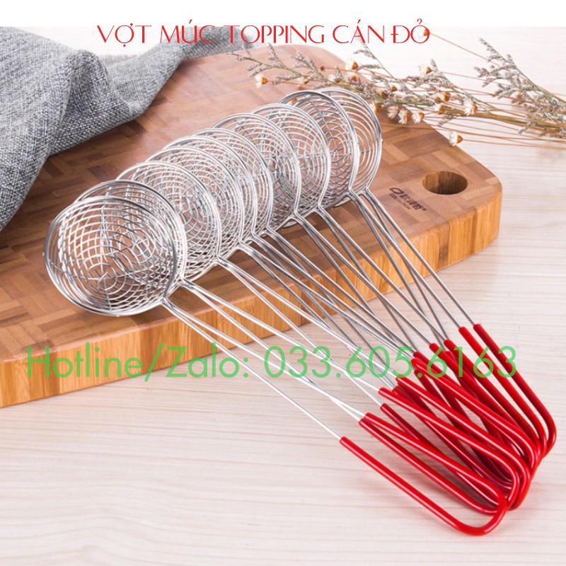 Vợt múc topping trân châu cán đỏ Vợt vớt trân châu Vợt múc topping Inox cao cấp Vợt vớt đồ Vợt múc thạch Vợt vớt thạch