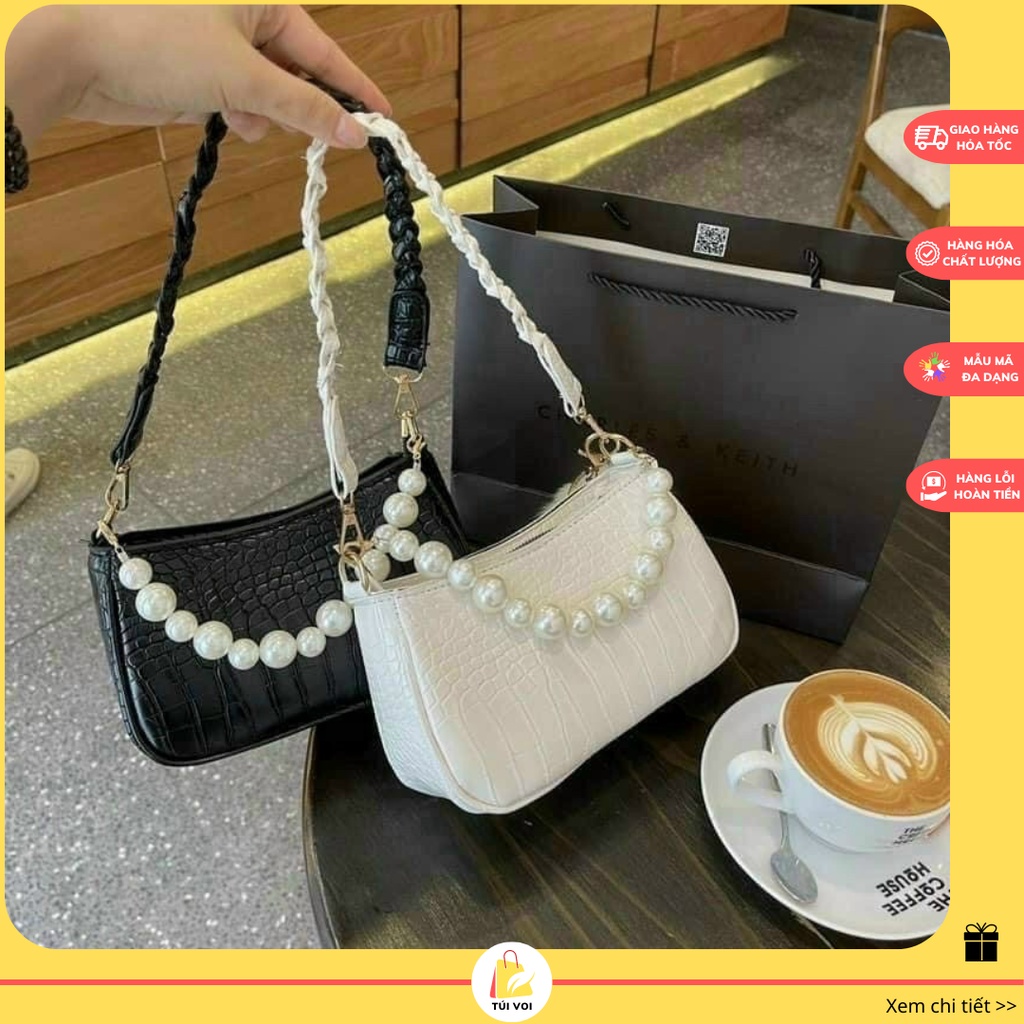 Túi đeo vai kẹp nách nữ da rắn dây ngọc phong cách trẻ trung cá tính CV74