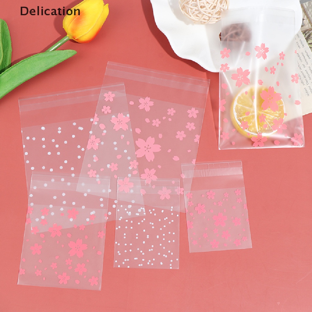 Set 100 túi bóng kín nhựa ELEBUY chấm tròn hoa anh đào đựng kẹo bánh quy làm quà tặng