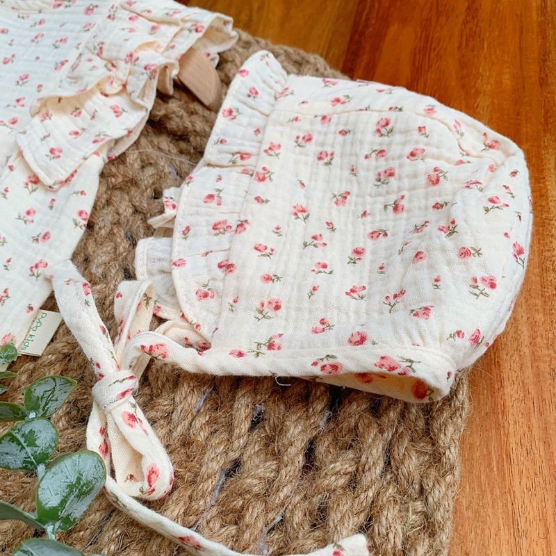 Body xô muslin cánh tiên hoa hồng nhí kèm mũ cho bé gái (hàng may thủ công )