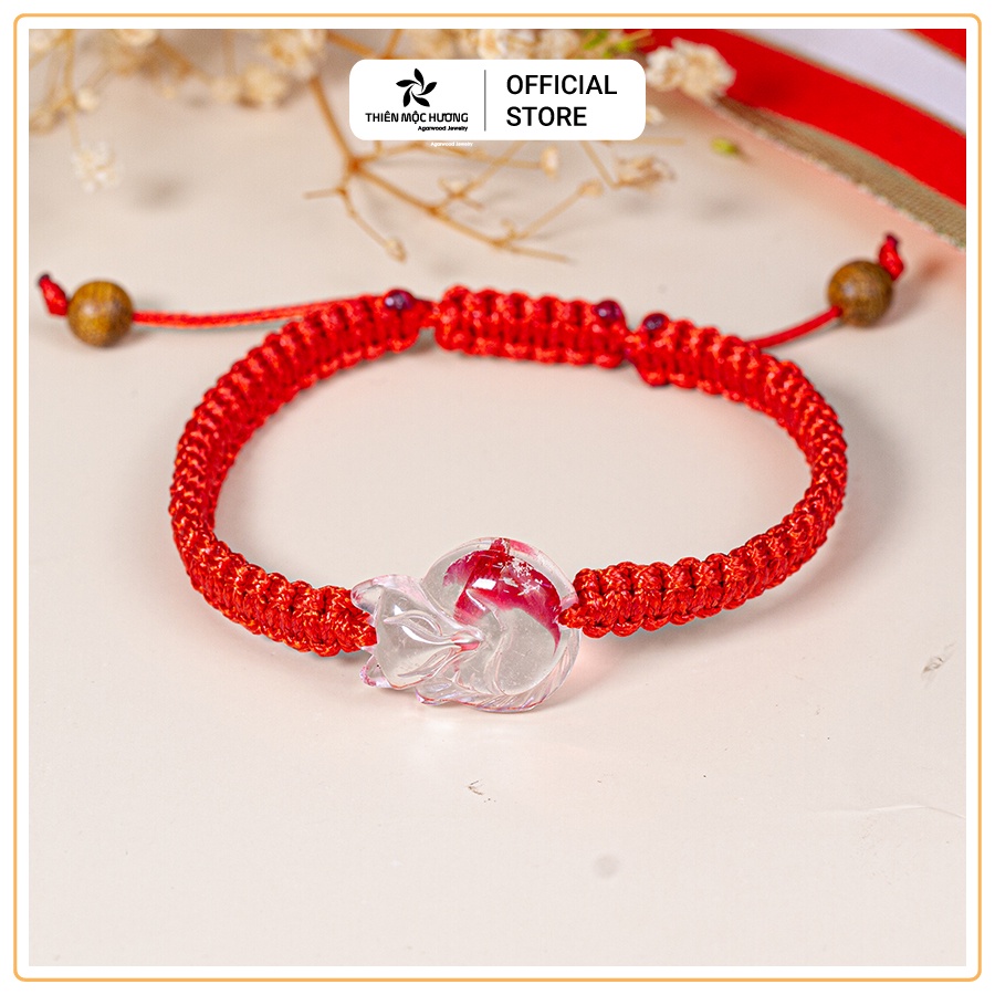 Vòng tay Trầm Hương Chỉ Đỏ may mắn Hồ Ly phong thủy - Thiên Mộc Hương- Hồ Ly đá huyết rồng - Trầm Tốc Lào tự nhiên
