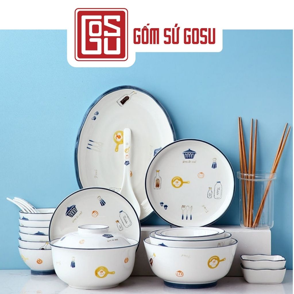 Bộ Chén Dĩa Gosu Họa Tiết Dễ Thương Phong Cách Bắc Âu Men Sáng Đẹp