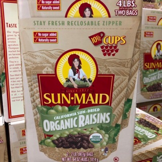 Nho khô hữu cơ Sun-Maid California Organic Raisins nguyên thùng 2 túi 907g - hộp giấy  1814g [date 02/2021]
