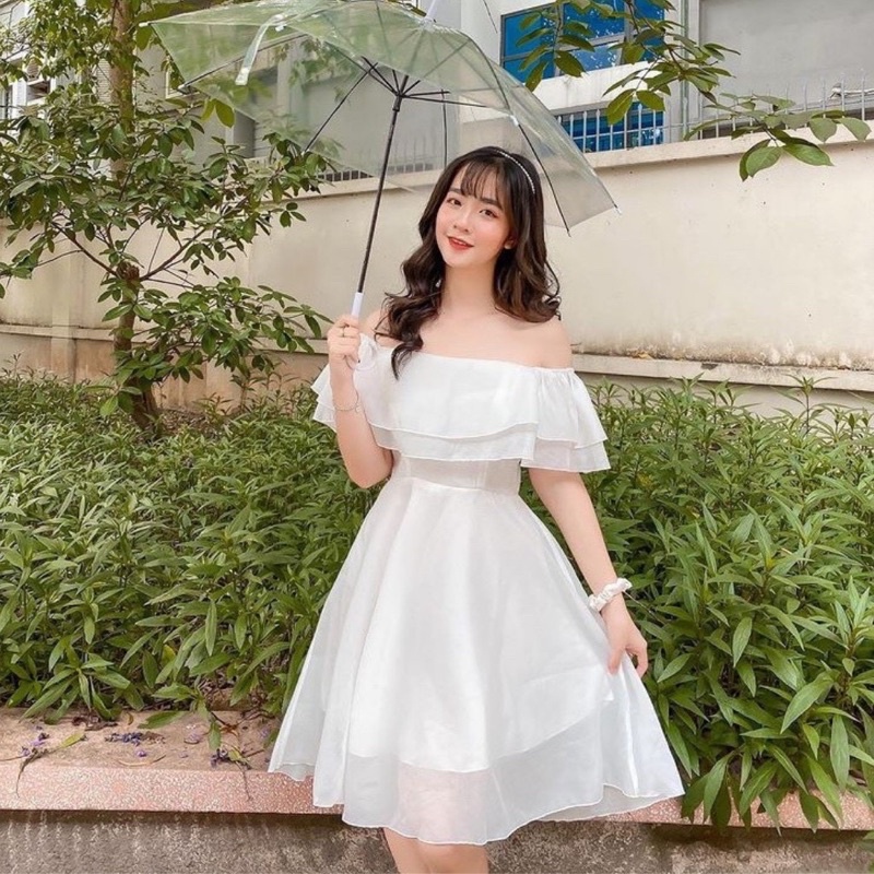 Váy voan trễ vai 2 lớp dáng xoè VH49, Đầm nữ tiểu thư đự tiệc hở vai sang chảnh dễ thương kiểu dáng hàn quốc