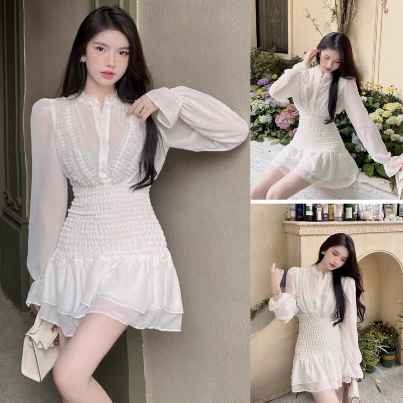 Đầm, váy tơ trắng xòe liền thân bánh bèo tôn dáng đủ size, Phần áo vải voan xuyên thấu HÀNG CÓ SẴN