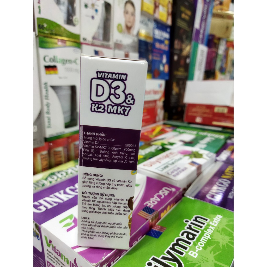 Vitamin D3 K2 MK7  Giúp bổ sung vitamin D3 và vitamin K2 giúp tăng cường hấp thu canxi giúp xương và răng chắc khỏe.