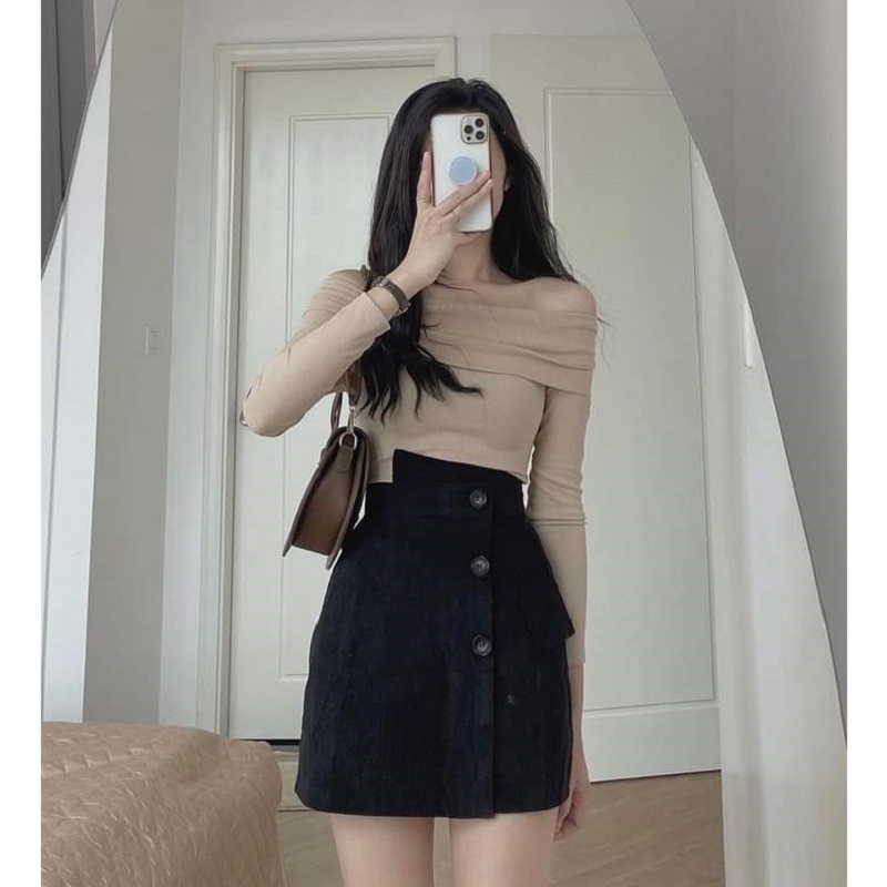 Áo len thun tăm trễ vai dài tay ngang bản to Sang Chảnh - Mono Boutique