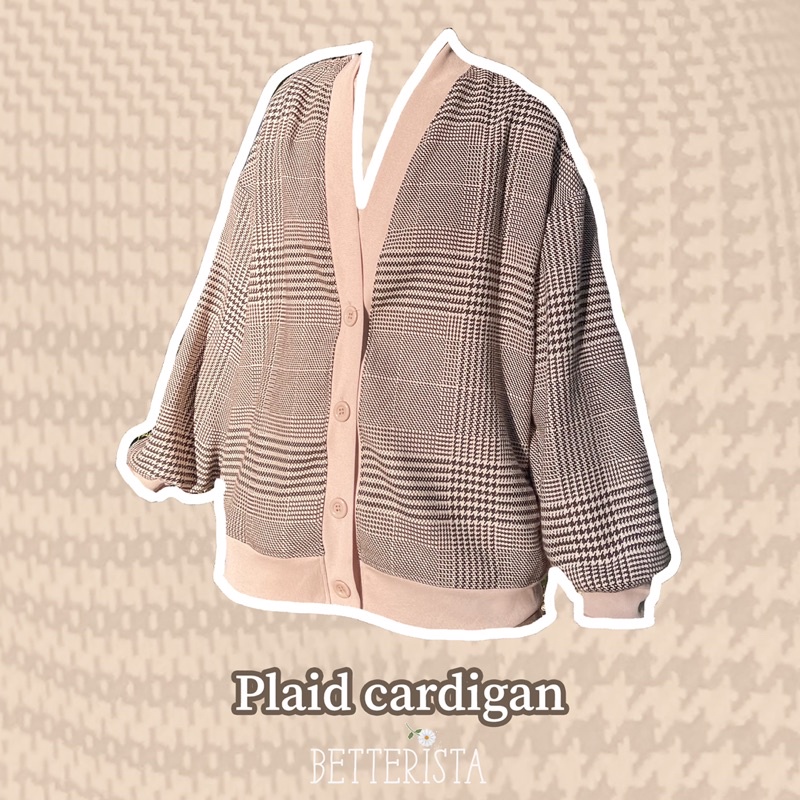 Plaid Cardigan áo khoác dáng rộng kẻ nâu viền be